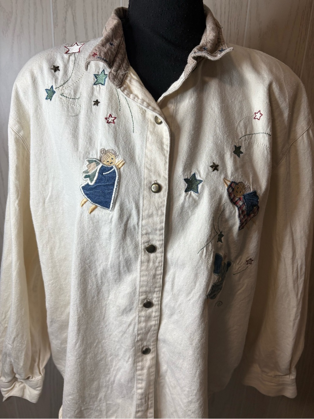 Vintage Cottage Core Cream Embroidered Angel & Star Button-Up Shirt 90’s XL